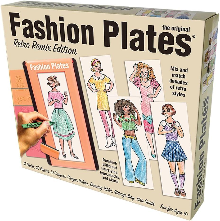 imageFashion Plates Classic  Girls Fashion MixandMatch Drawing Kit Arts and Crafts Coloring Art Supplies Craft Supplies Stencils Crayons Included Create Your Own Fashion Designs Ages 6Retro