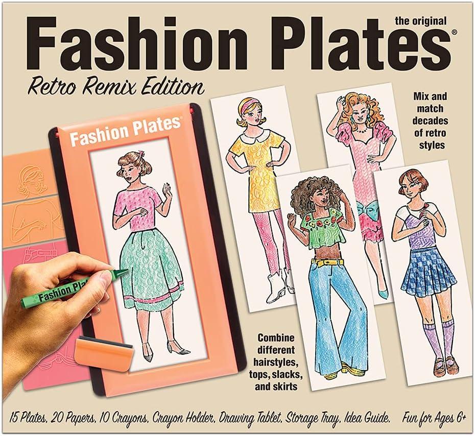 imageFashion Plates Classic  Girls Fashion MixandMatch Drawing Kit Arts and Crafts Coloring Art Supplies Craft Supplies Stencils Crayons Included Create Your Own Fashion Designs Ages 6Retro