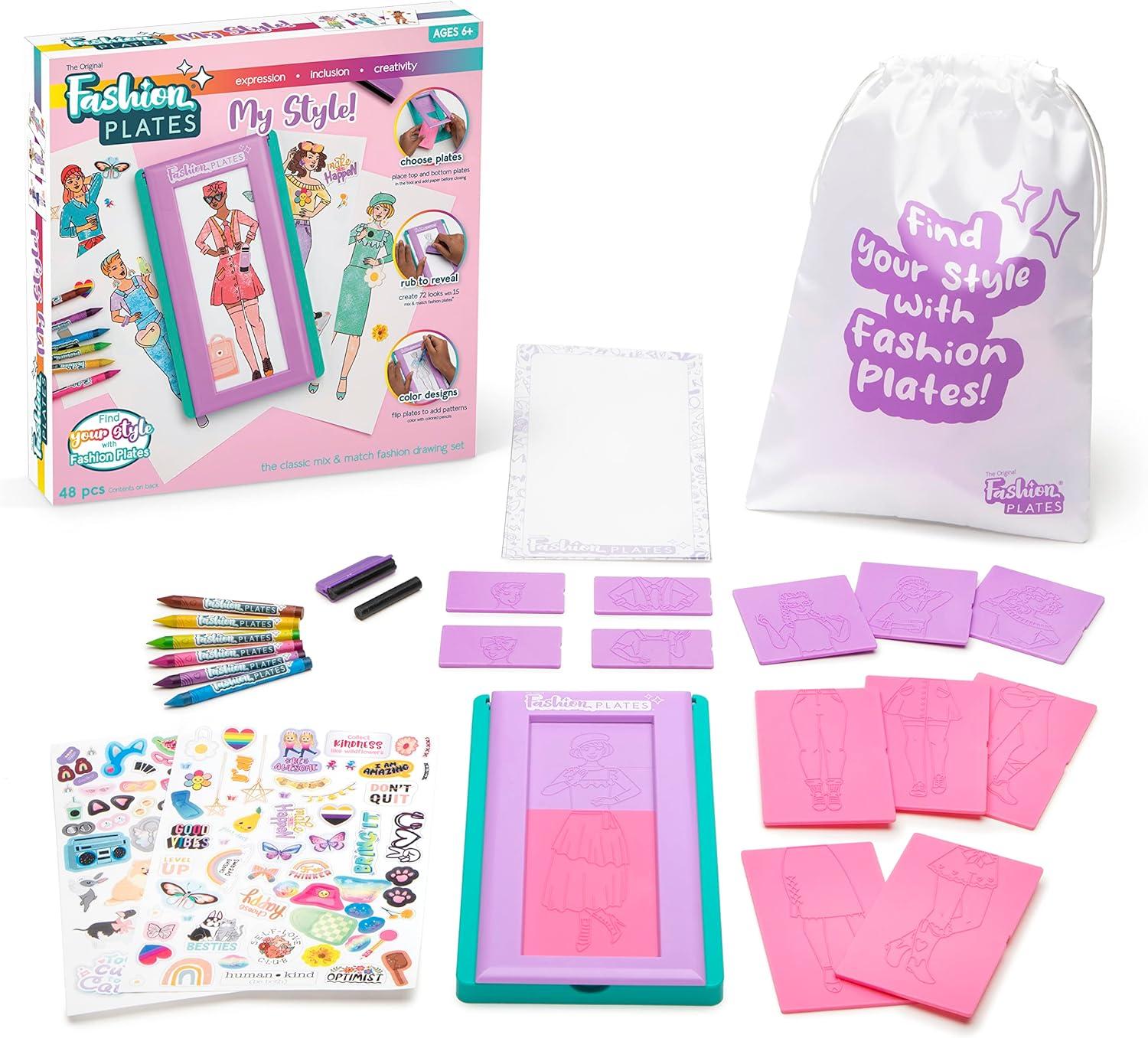 imageFashion Plates Classic  Girls Fashion MixandMatch Drawing Kit Arts and Crafts Coloring Art Supplies Craft Supplies Stencils Crayons Included Create Your Own Fashion Designs Ages 6My Styles