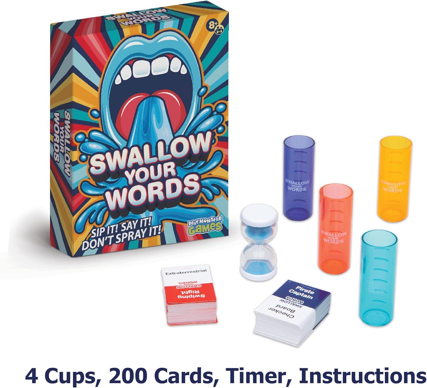 imagePlayMonster Swallow Your Words Card Games  Board Game for Family Game Night Sip It Say It Dont Spray It Multiplayer Game Guess The Phrase Before The Timer Runs Out Ages 8Swallow Your Words