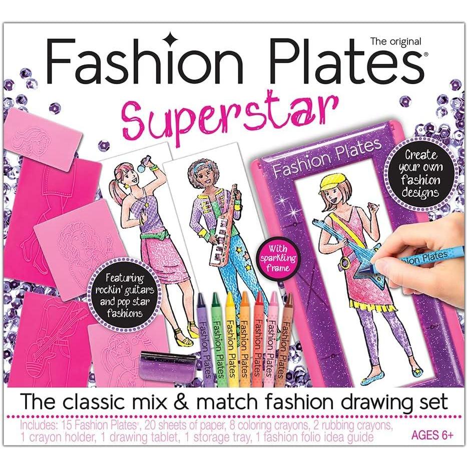 imageFashion Plates Classic  Girls Fashion MixandMatch Drawing Kit Arts and Crafts Coloring Art Supplies Craft Supplies Stencils Crayons Included Create Your Own Fashion Designs Ages 6Superstar