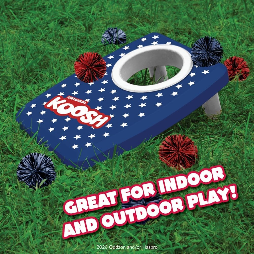 image:imageKoosh Cornhole Set for Kids Outdoor Toys for Kids Koosh Balls Included  Perfect for Beginners Preschool Toys Easy Storage 2 Kornhole Board 6 Koosh Balls Included Holiday Game American ThemedSingle USA Cornhole