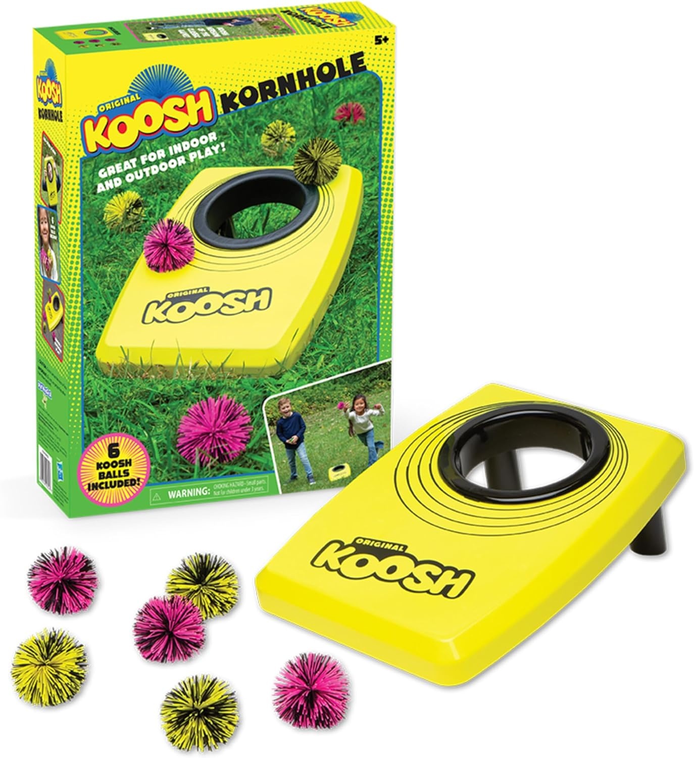 image:imageKoosh Cornhole Set for Kids Outdoor Toys for Kids Koosh Balls Included  Perfect for Beginners Preschool Toys Easy Storage 2 Kornhole Board 6 Koosh Balls Included Holiday Game American ThemedSingle Yellow Cornhole